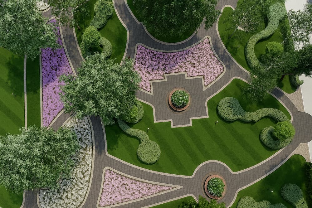 Сучасний сад з декоративними кущами та доріжками