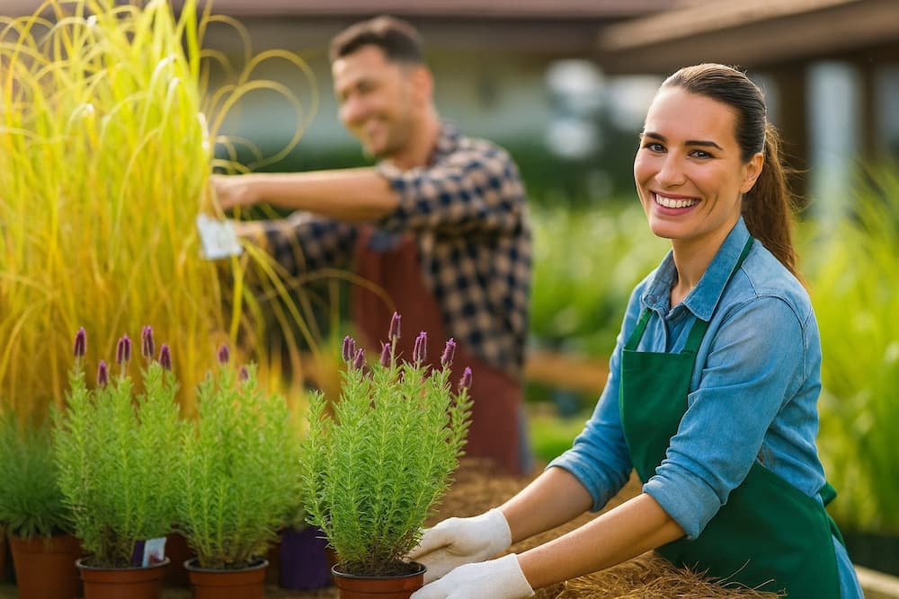 Команда садового центру, що працює з рослинами